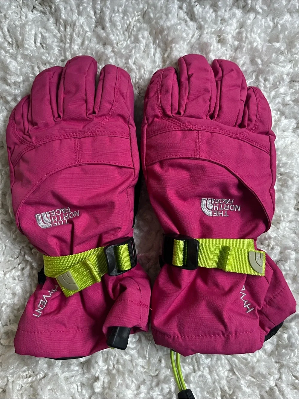 The North Face Bright Pink Kids' waterproof gloves with Neon Lime Strap